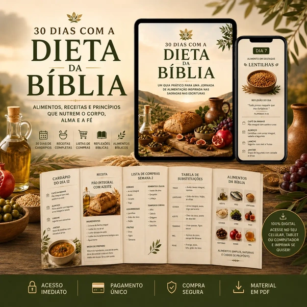 Mockup do guia: guia de alimentos, tabela de substituições e reflexão do dia